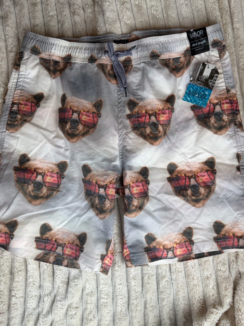 Maior Bear Print Swim Trunks in Cream and Tan
